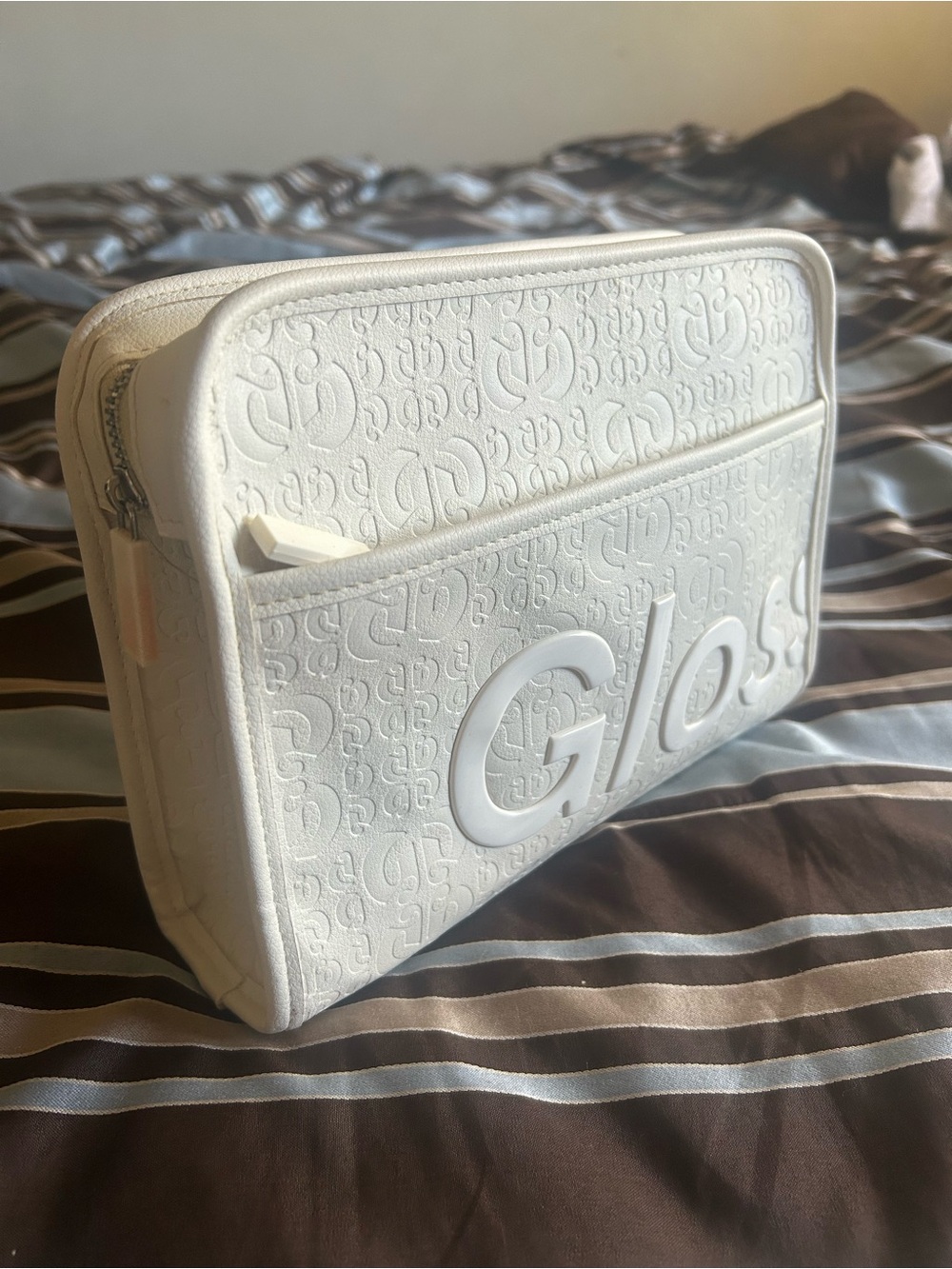 White Glossy Embossed Cosmetic Pouch